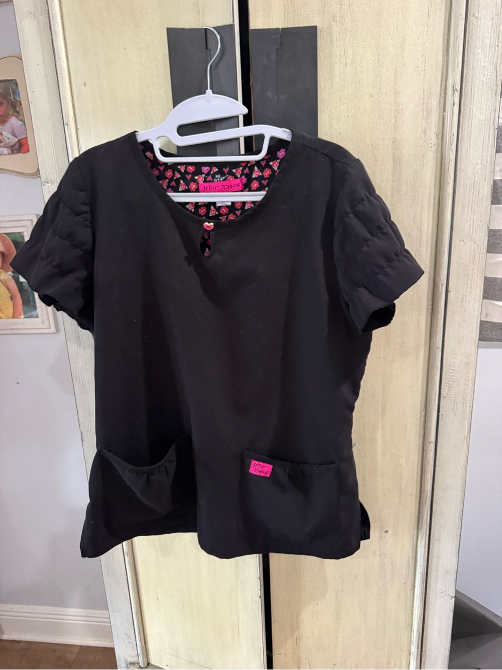 Betsey Johnson Black Scrub Top with Pink Floral Trim - Picture 5 of 5